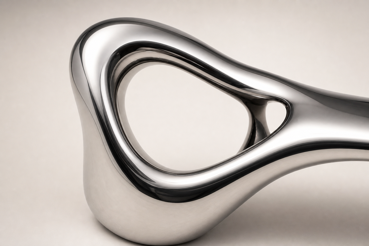 Fluidis Bench — Mirror-Polished Stainless Steel Sculpture Bench, close studio detail of the surface and material