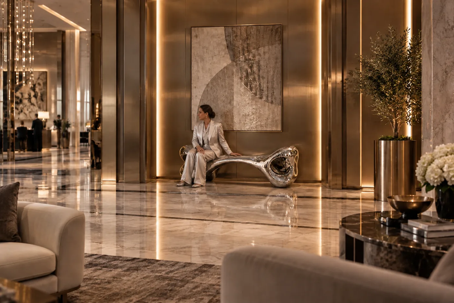 Fluidis Bench — Mirror-Polished Stainless Steel Sculpture Bench, shown in a room setting, at full scale