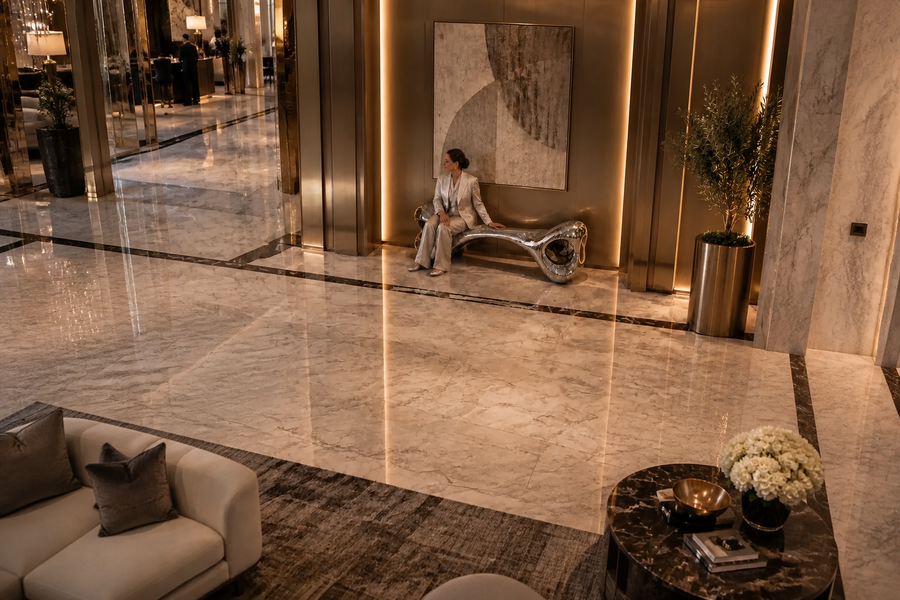 Fluidis Bench — Mirror-Polished Stainless Steel Sculpture Bench, overhead view in a room setting