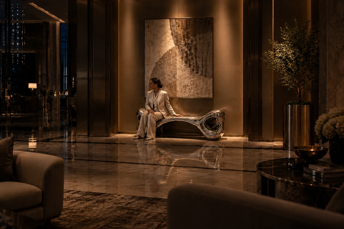 Fluidis Bench — Mirror-Polished Stainless Steel Sculpture Bench, in a room setting under evening light