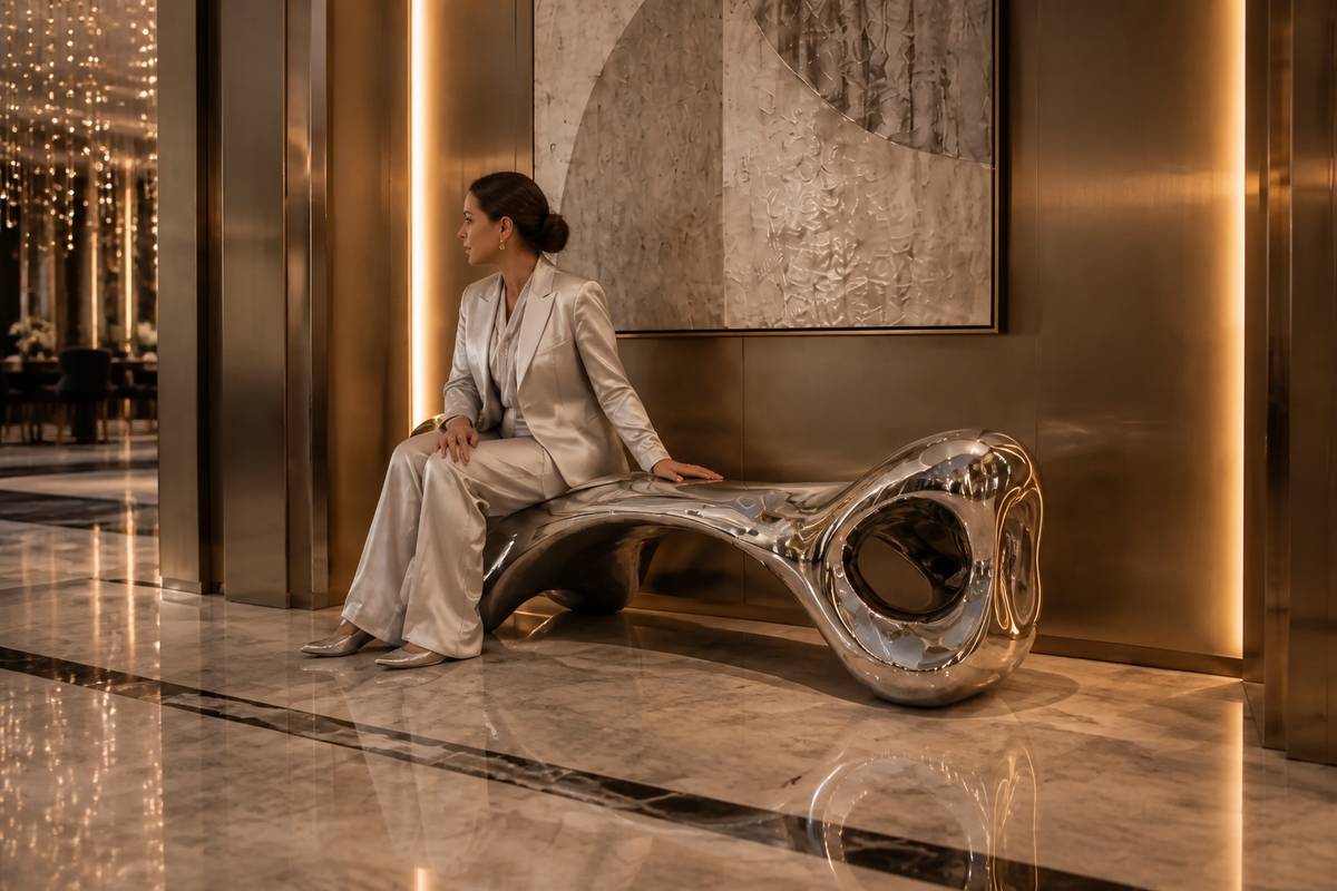 Fluidis Bench — Mirror-Polished Stainless Steel Sculpture Bench