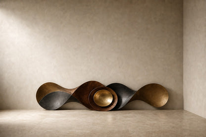 Long undulating bronze ribbon with a nested bowl and polished gold dome at its centre.