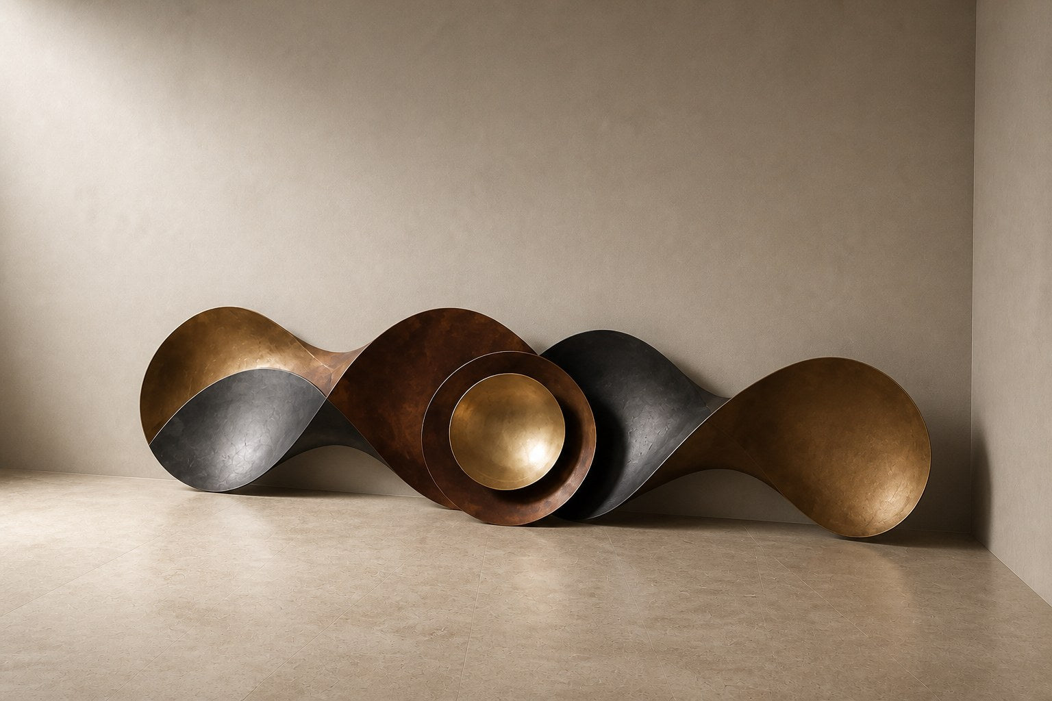 Long undulating bronze ribbon with a nested bowl and polished gold dome at its centre.