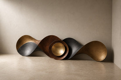 Long undulating bronze ribbon with a nested bowl and polished gold dome at its centre.