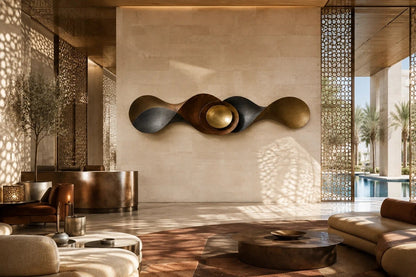 Long undulating bronze ribbon with a nested bowl and polished gold dome at its centre.
