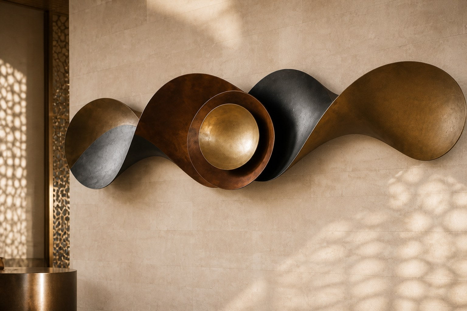 Long undulating bronze ribbon with a nested bowl and polished gold dome at its centre.