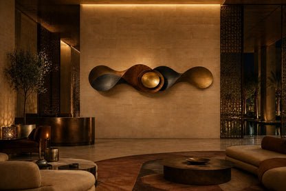 Long undulating bronze ribbon with a nested bowl and polished gold dome at its centre.