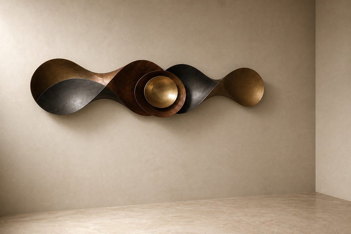 Flusso — 210 × 55 cm bronze wall sculpture of a twisting ribbon with a gold centre, three-quarter studio view showing its profile