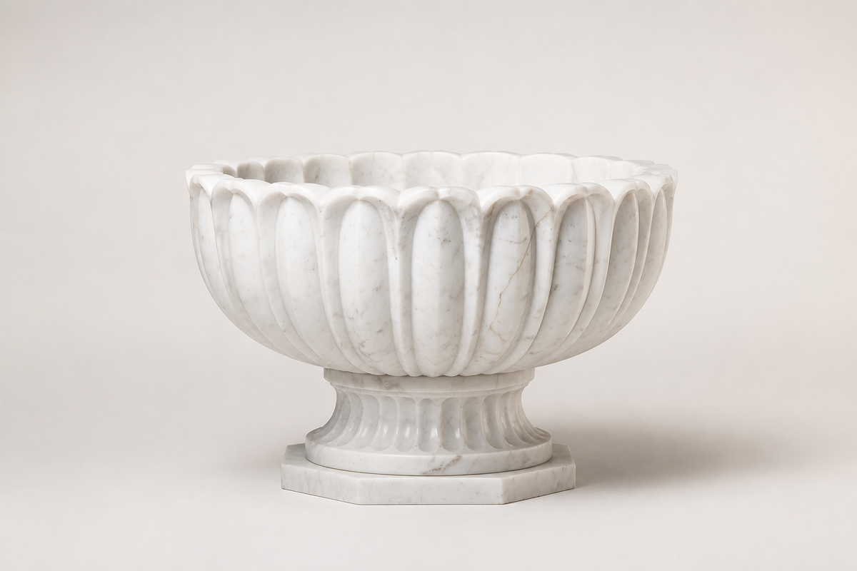 Fluted Crown Marble Urn Planter sculpture, studio view of the whole piece