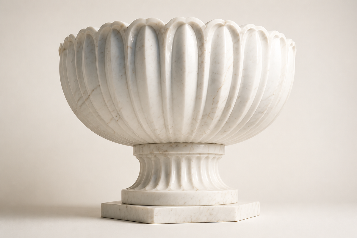 Fluted Crown Marble Urn Planter sculpture, three-quarter studio view showing its profile