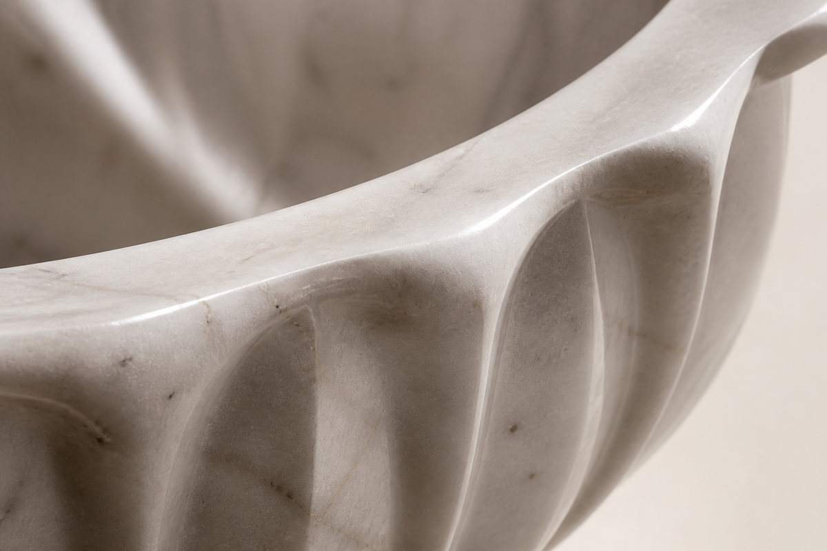 Fluted Crown Marble Urn Planter sculpture, close studio detail of the surface and material