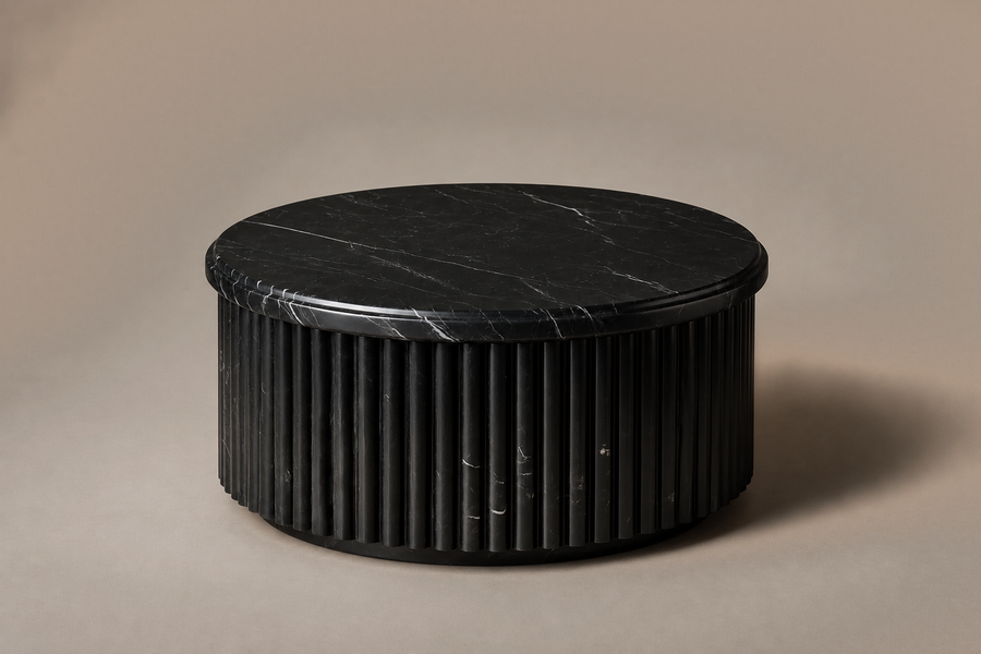 Fluted Drum Base Capped black marble plinth base by 1-OPH, three-quarter studio view