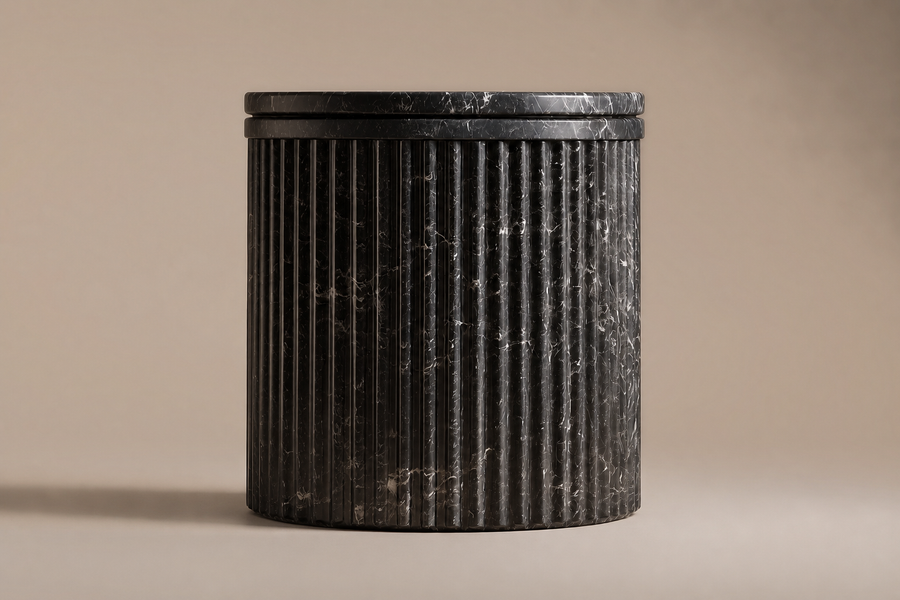 Fluted Drum Base Tall black marble plinth base by 1-OPH, side elevation