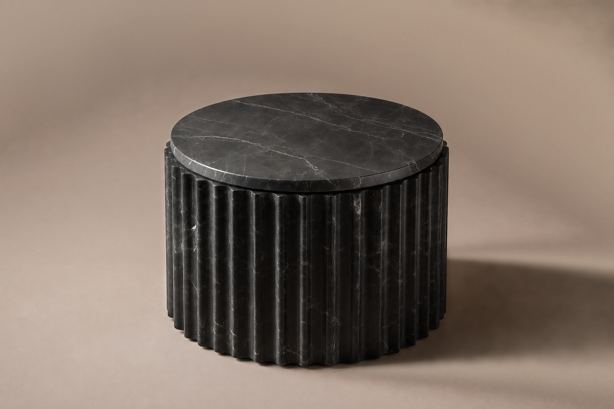 Fluted Drum Base Wide black marble plinth base by 1-OPH, three-quarter studio view