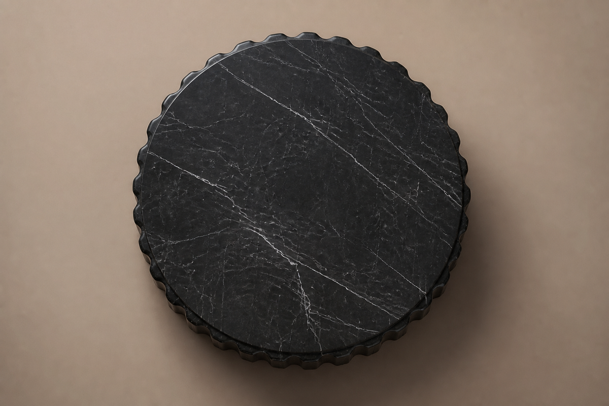 Fluted Drum Base Wide black marble plinth base by 1-OPH, overhead view