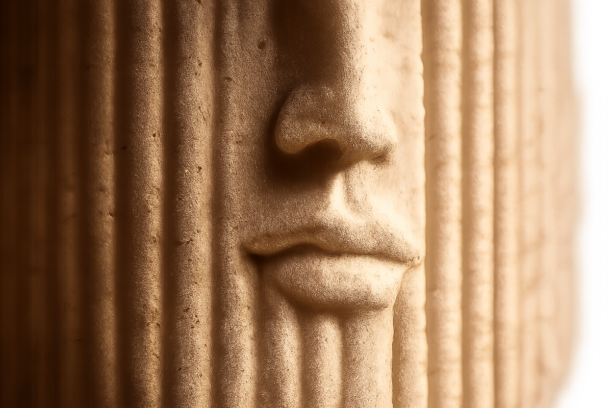 Fluted cream travertine drum on a round moulded foot, with a face carved through the flutes — close detail of the surface