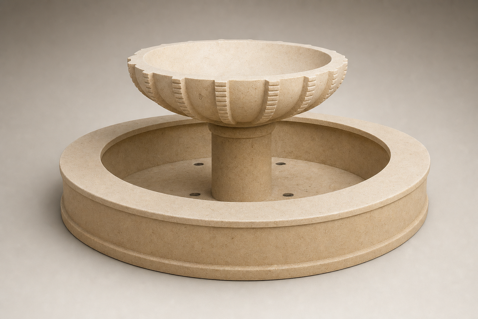 Volta limestone water feature by 1-OPH, tiered scalloped bowl on a pedestal