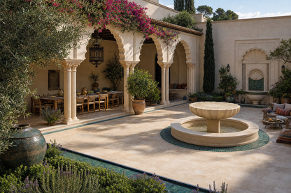 Volta limestone water feature by 1-OPH in a Dubai villa courtyard