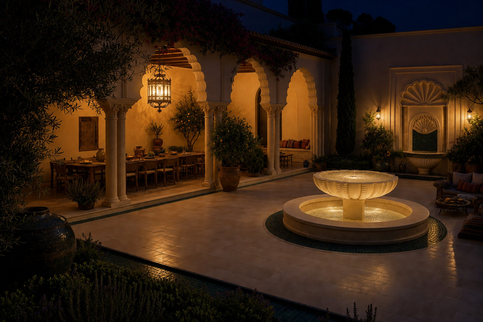 Volta limestone tiered fountain by 1-OPH lit at night in a courtyard