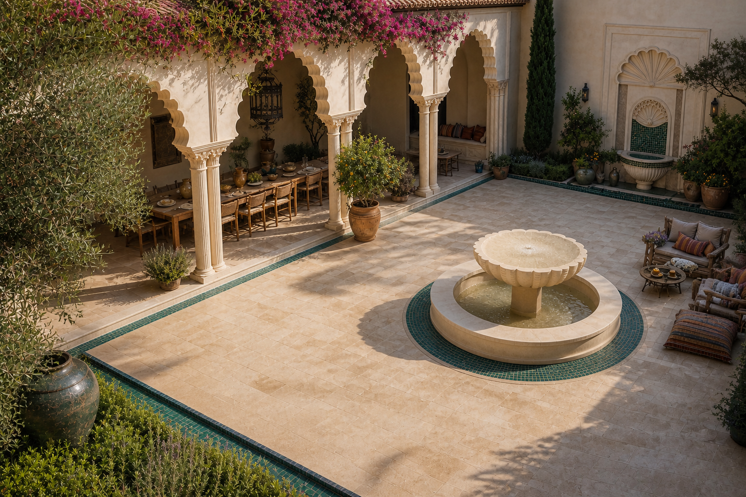 Volta limestone tiered fountain by 1-OPH seen from above in a courtyard