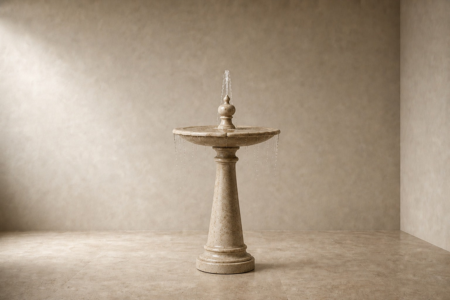 Pale limestone pedestal fountain Fontena Ø65, cream with open fossil speckle, on a pale stone floor.