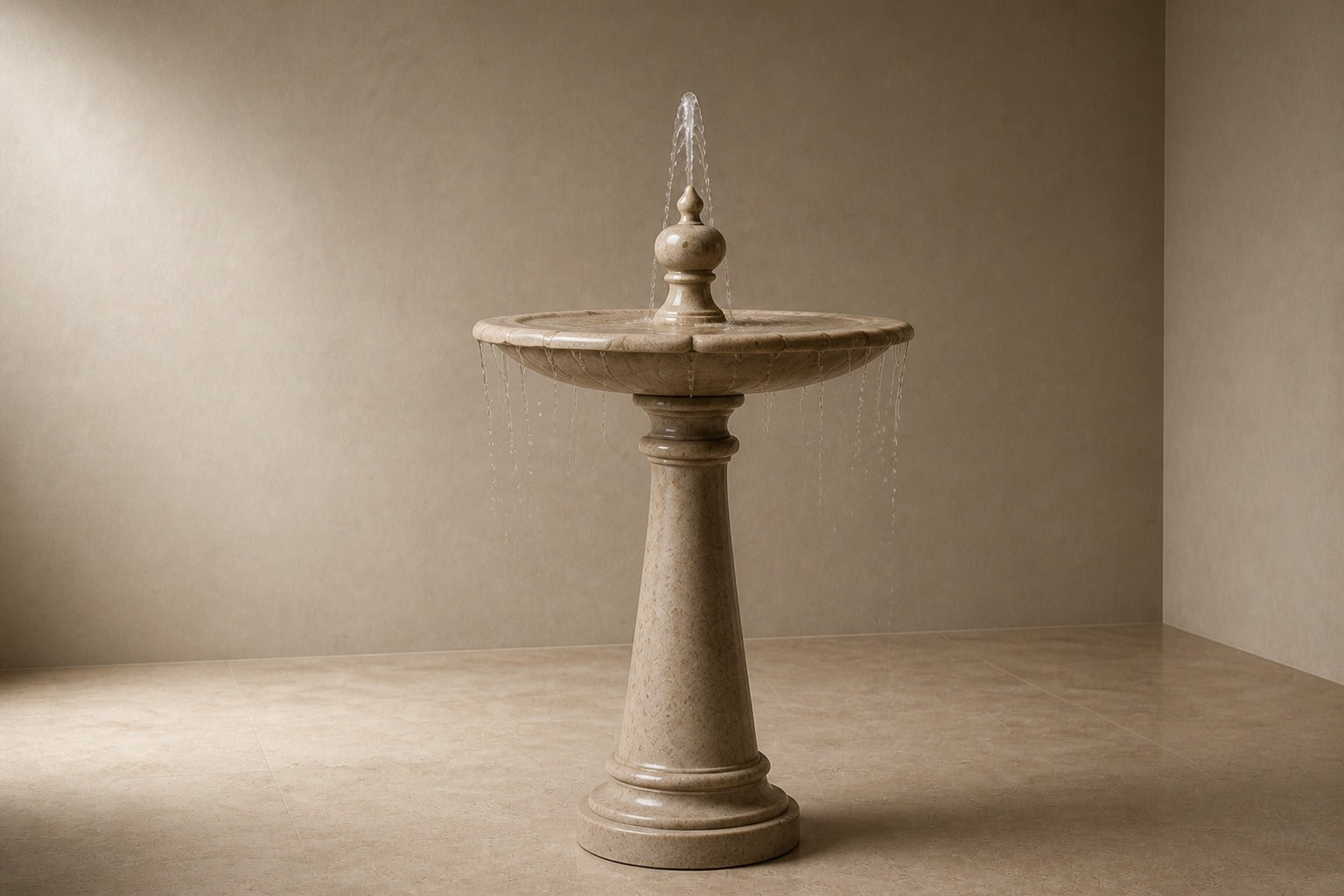 Pale limestone pedestal fountain Fontena Ø65, cream with open fossil speckle, on a pale stone floor.