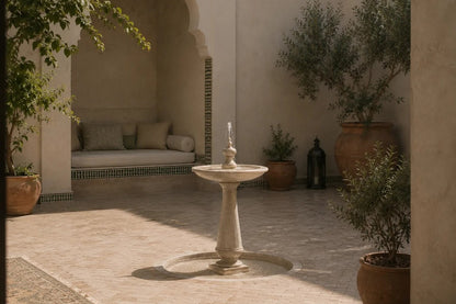 Pale limestone pedestal fountain Fontena Ø65, cream with open fossil speckle, on a pale stone floor.
