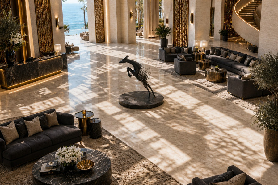 Ghazal — matte black stainless steel leaping antelope sculpture, seen from above in the room