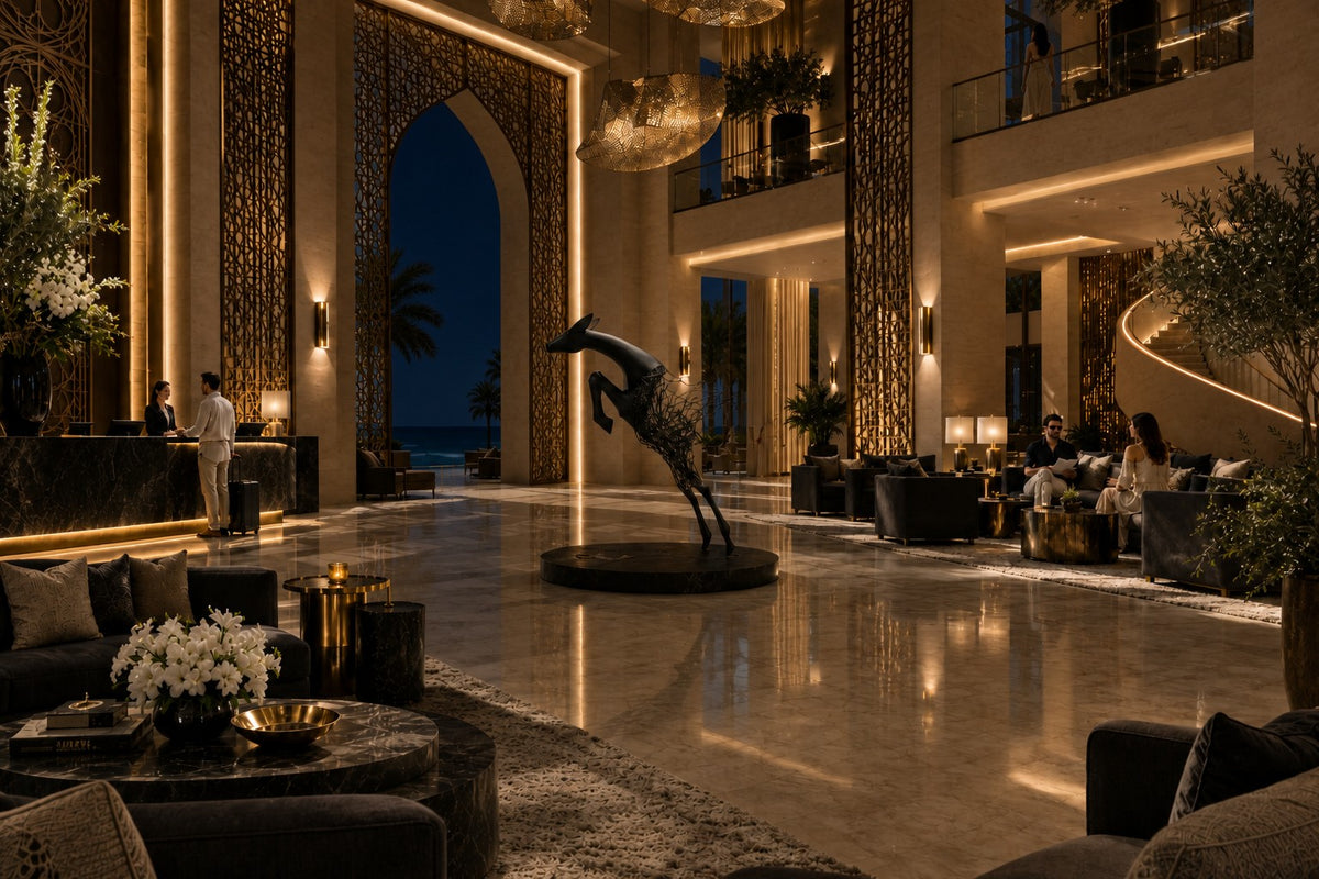 Ghazal — matte black stainless steel leaping antelope sculpture, the same room at night, lamps on