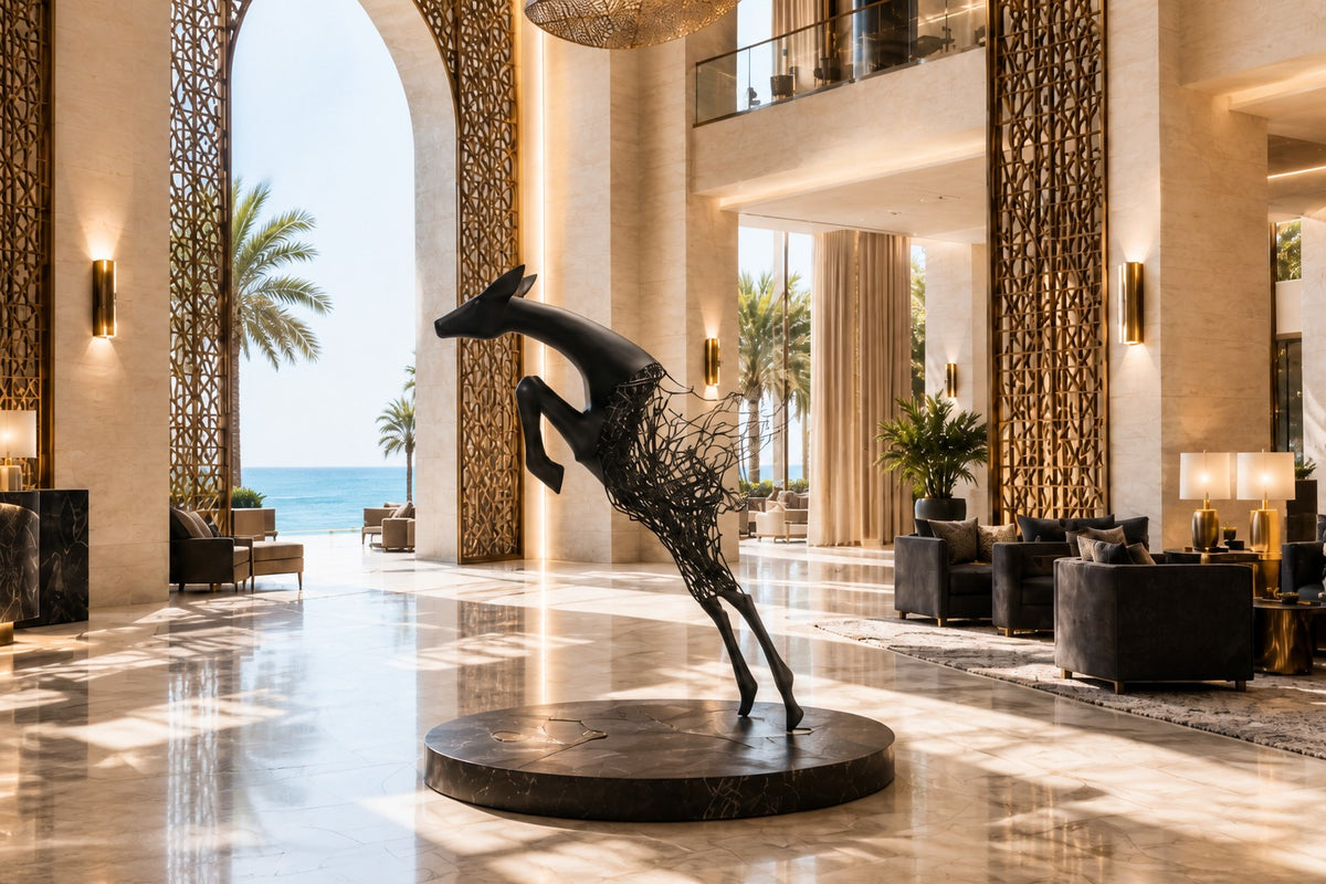 Ghazal — matte black stainless steel leaping antelope sculpture, close view in the room