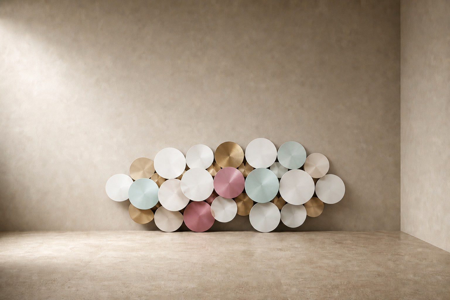 Cluster of overlapping spun discs in white, cream, sage and dusty pink with gilt accents.