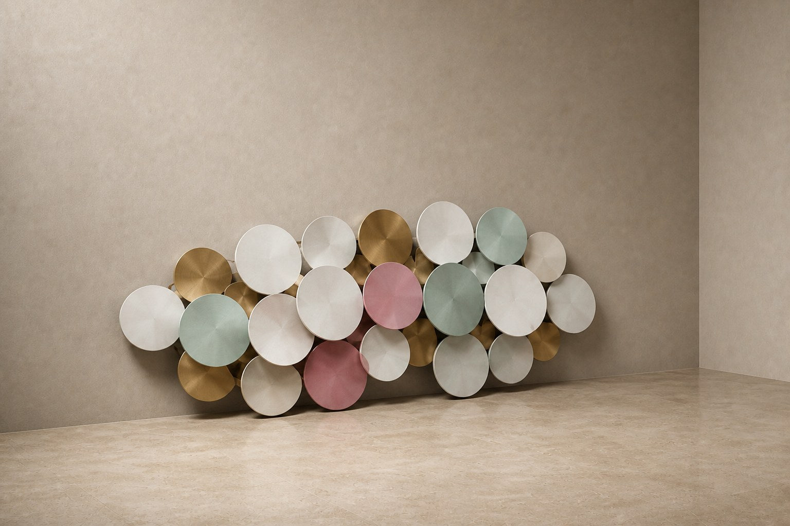Cluster of overlapping spun discs in white, cream, sage and dusty pink with gilt accents.