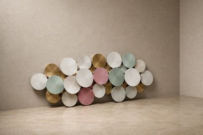 Cluster of overlapping spun discs in white, cream, sage and dusty pink with gilt accents.