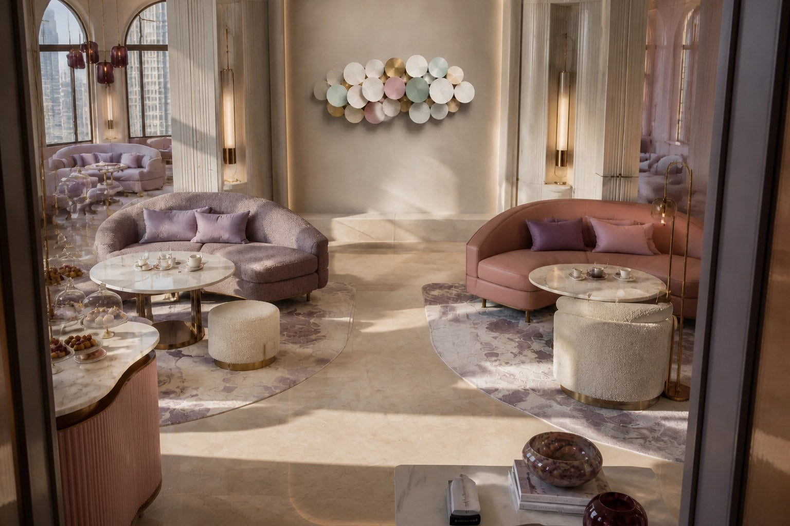 Cluster of overlapping spun discs in white, cream, sage and dusty pink with gilt accents.