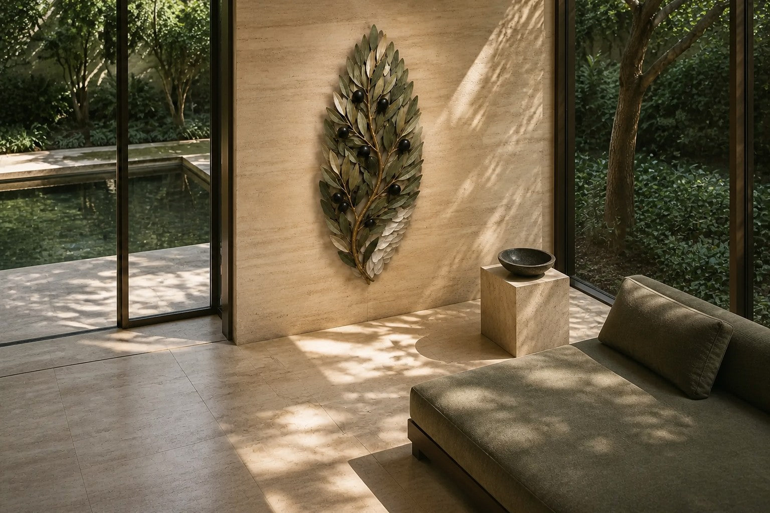 Olive green and dark bronze bronze wall sculpture Ramoscello, cast branch with individually mounted leaves and fruit, on a plaster wall.
