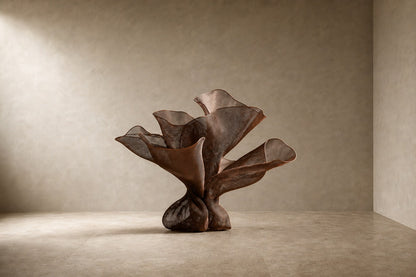 Woven bronze wire sculpture Gienah, a cluster of furled forms opening from a common gathered base.