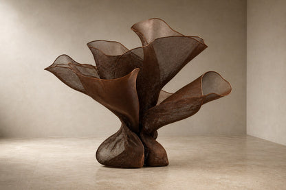 Woven bronze wire sculpture Gienah, a cluster of furled forms opening from a common gathered base.
