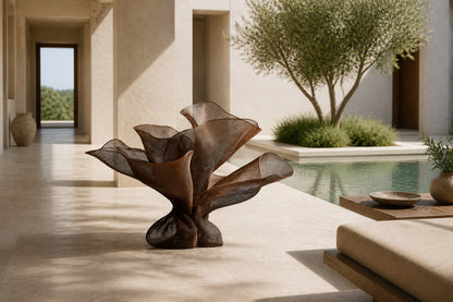 Woven bronze wire sculpture Gienah, a cluster of furled forms opening from a common gathered base.