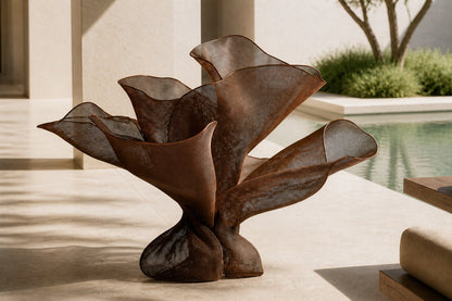 Woven bronze wire sculpture Gienah, a cluster of furled forms opening from a common gathered base.