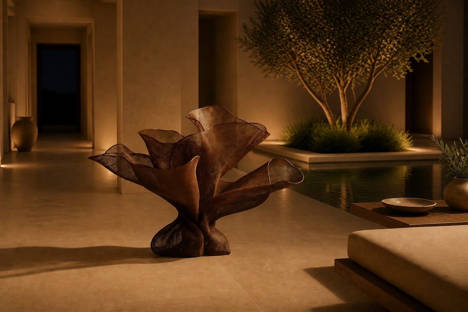 Woven bronze wire sculpture Gienah, a cluster of furled forms opening from a common gathered base.