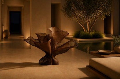 Woven bronze wire sculpture Gienah, a cluster of furled forms opening from a common gathered base.