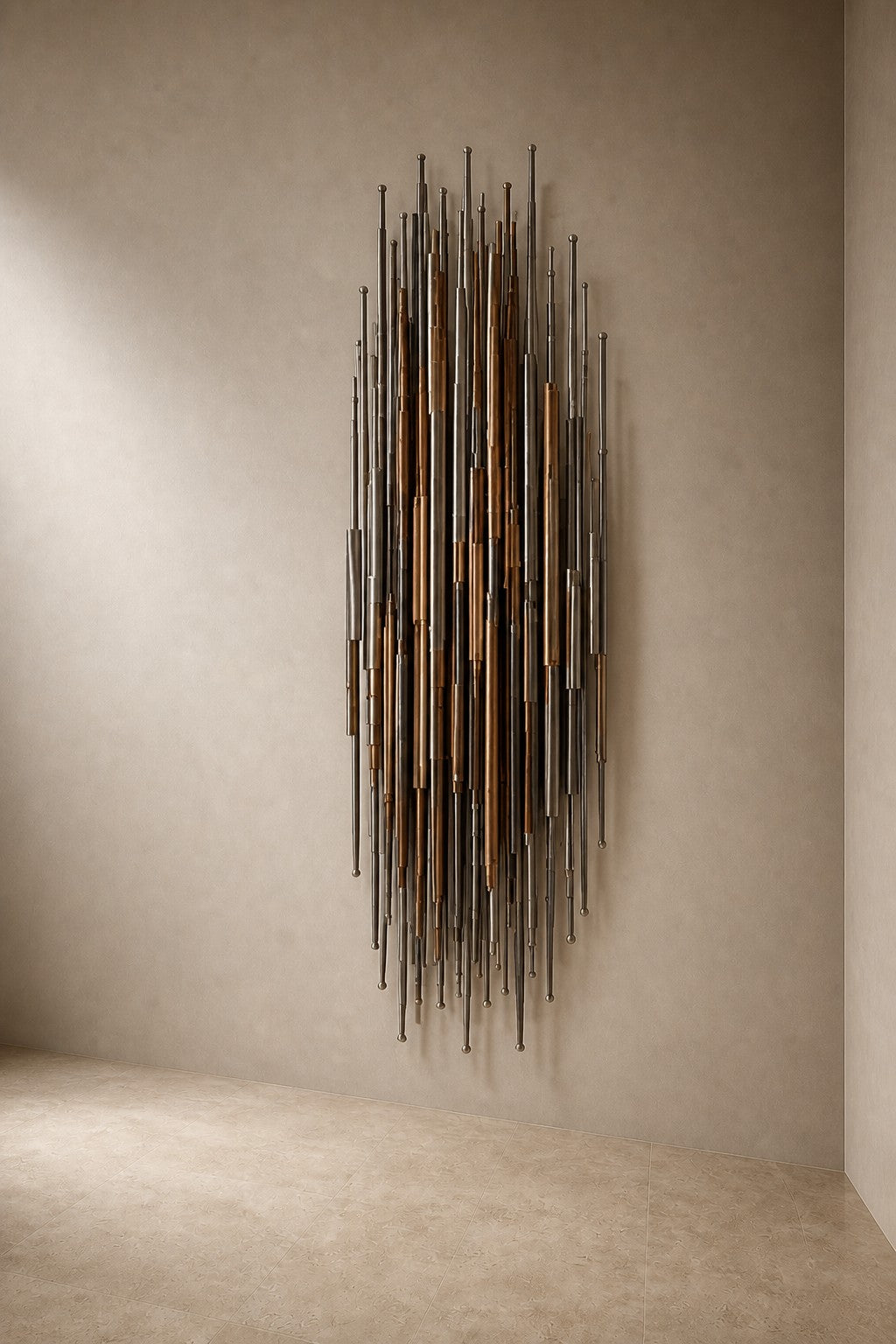 Giro — 80 × 160 cm vertical cluster of slender rods in steel, brass and timber, three-quarter studio view showing its profile