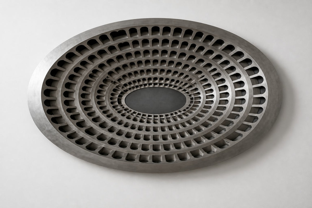 Grada — 200 × 14 cm aged brushed steel oval wall relief of tiers pierced by arched openings, studio view of the whole piece