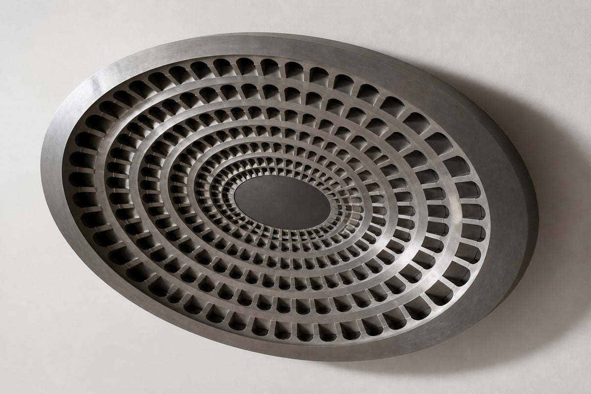 Grada — 200 × 14 cm aged brushed steel oval wall relief of tiers pierced by arched openings, three-quarter studio view showing its profile