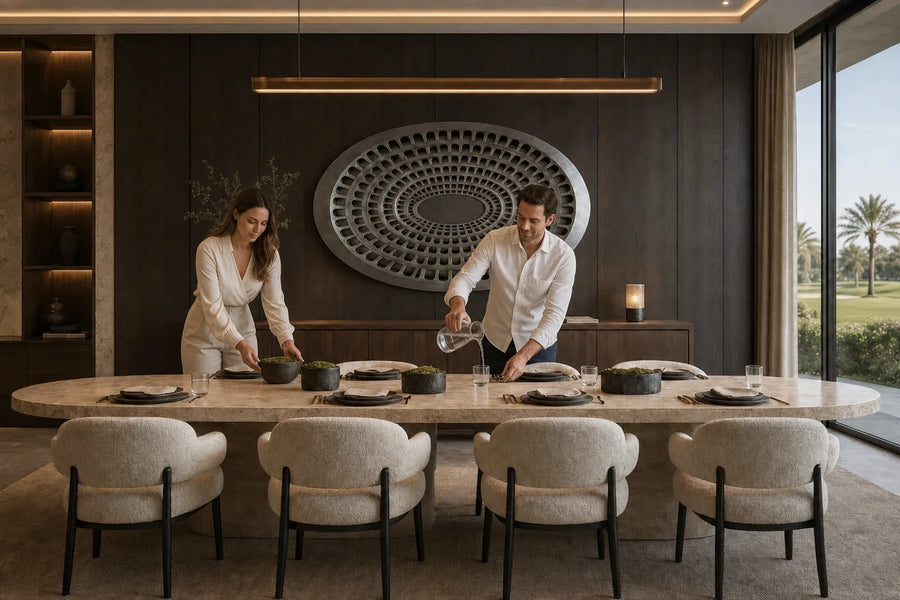 Grada — 200 × 14 cm aged brushed steel oval wall relief of tiers pierced by arched openings, placed in a furnished room