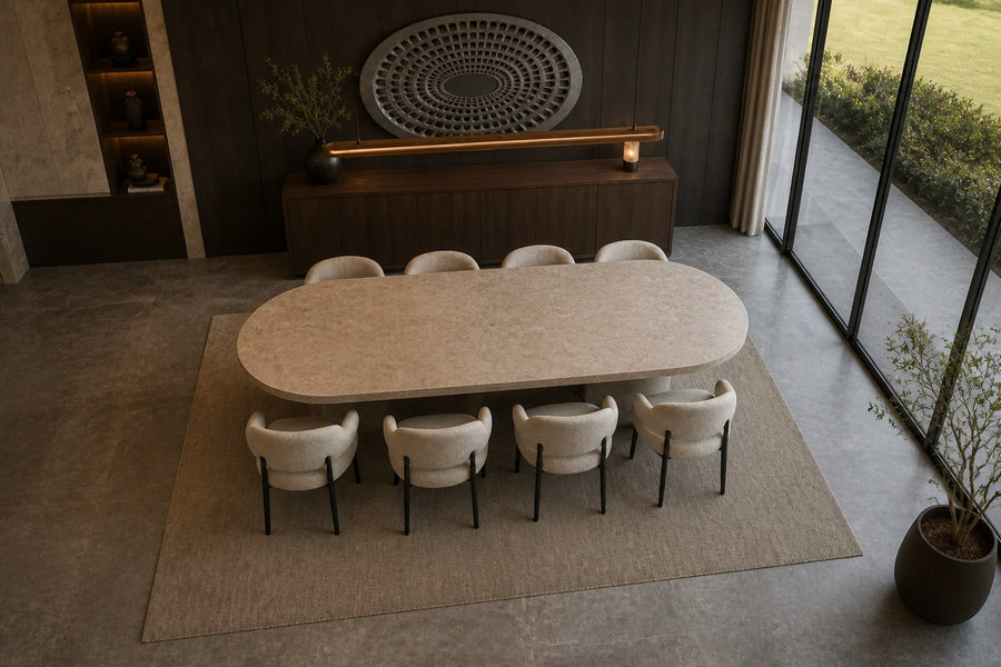 Grada — 200 × 14 cm aged brushed steel oval wall relief of tiers pierced by arched openings, seen from above in the room