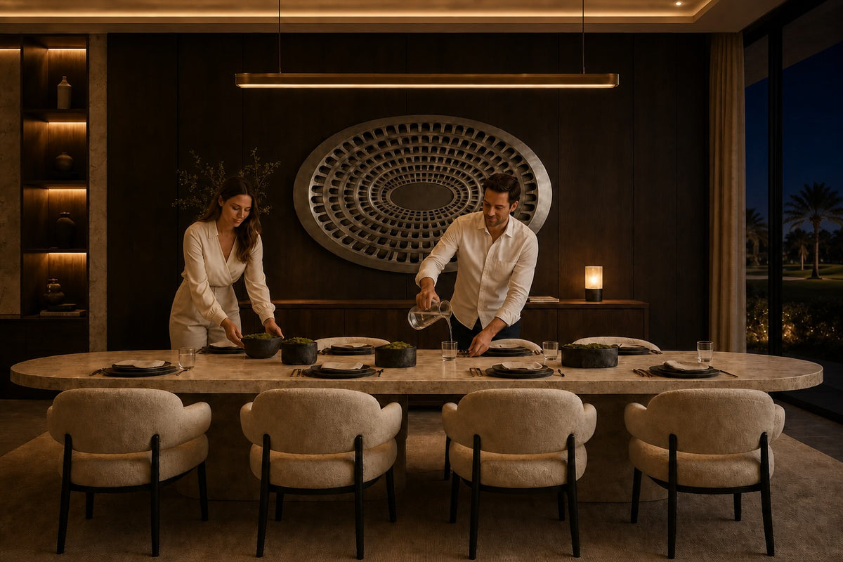 Grada — 200 × 14 cm aged brushed steel oval wall relief of tiers pierced by arched openings, the same room at night, lamps on