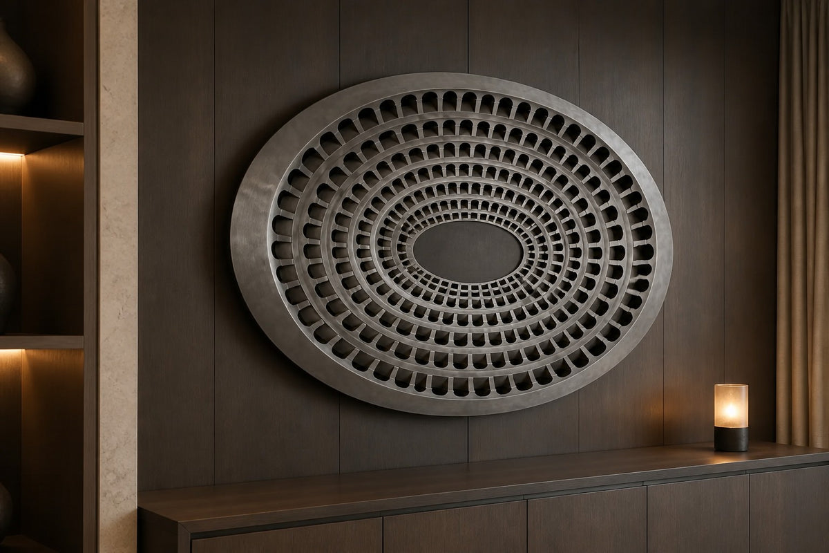 Grada — 200 × 14 cm aged brushed steel oval wall relief of tiers pierced by arched openings, close view in the room