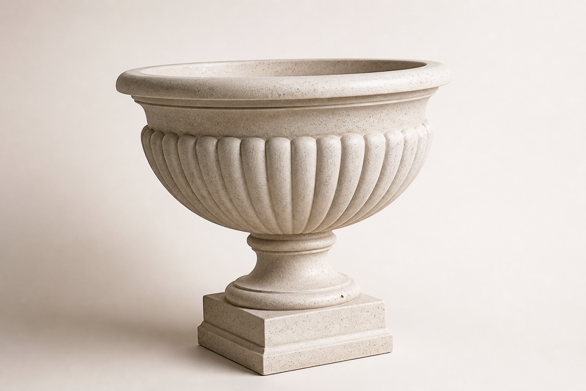 Grand Fluted Estate Marble Urn Planter sculpture, three-quarter studio view showing its profile