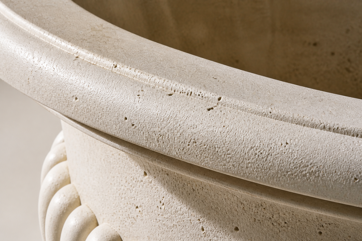 Grand Fluted Estate Marble Urn Planter sculpture, close studio detail of the surface and material